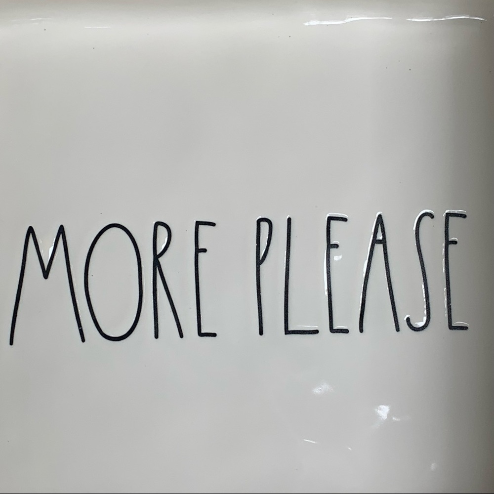 Rae Dunn MORE PLEASE Casserole Baking Dish White Black Large Letters Dimples NWT - Picture 3 of 12